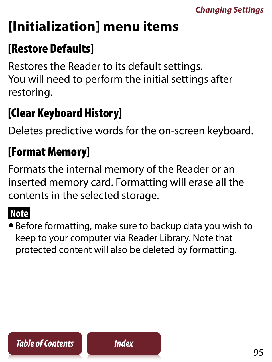 Initialization] menu items, Restore defaults, Clear keyboard history | Sony READER TOUCH EDITION PRS-650 User Manual | Page 95 / 139