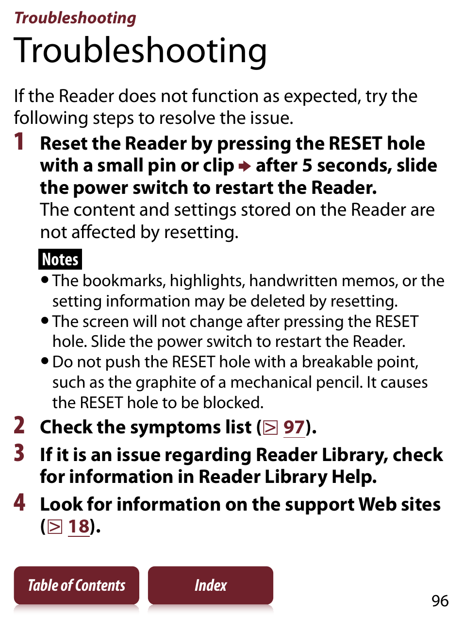 Troubleshooting, T hole, And r | Sony READER TOUCH EDITION PRS-650 User Manual | Page 96 / 139