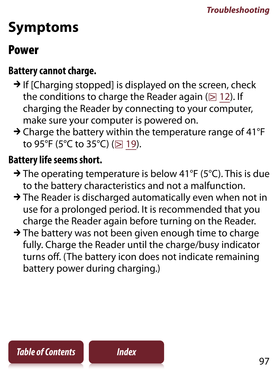 Symptoms, Power | Sony READER TOUCH EDITION PRS-650 User Manual | Page 97 / 139