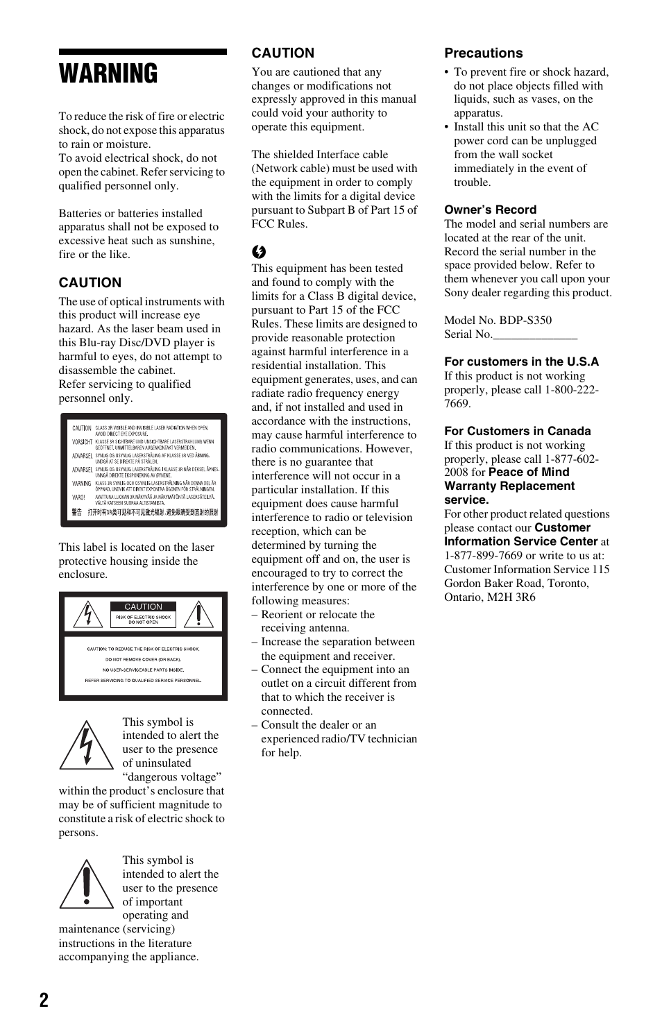 Warning | Sony BDP-S350 User Manual | Page 2 / 79