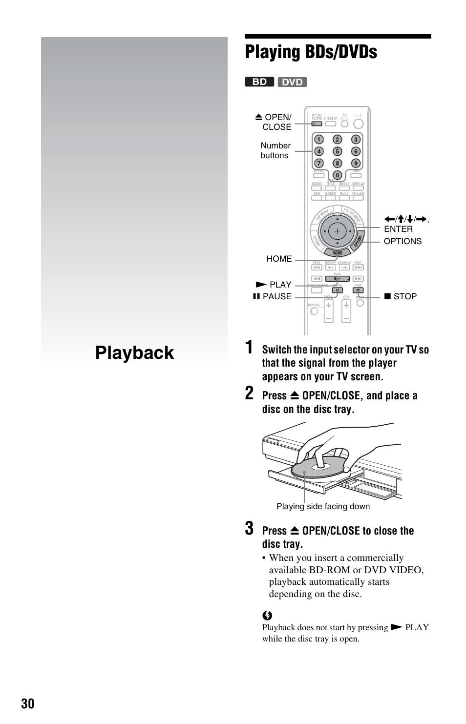 Playback, Playing bds/dvds, Playback playing bds/dvds 1 | Sony BDP-S350 User Manual | Page 30 / 79