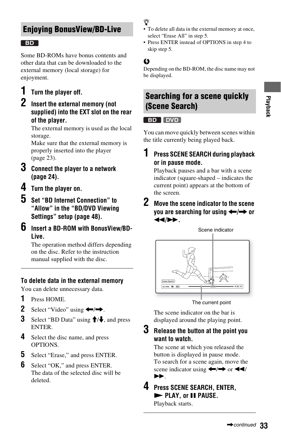 Enjoying bonusview/bd-live, Searching for a scene quickly (scene search) | Sony BDP-S350 User Manual | Page 33 / 79