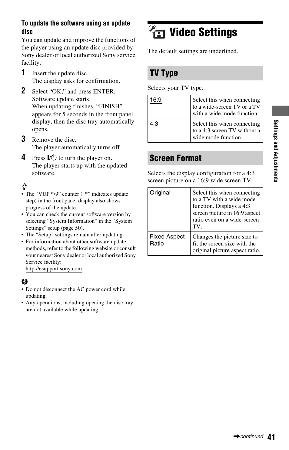 Video settings, Tv type, Screen format | Sony BDP-S350 User Manual | Page 41 / 79