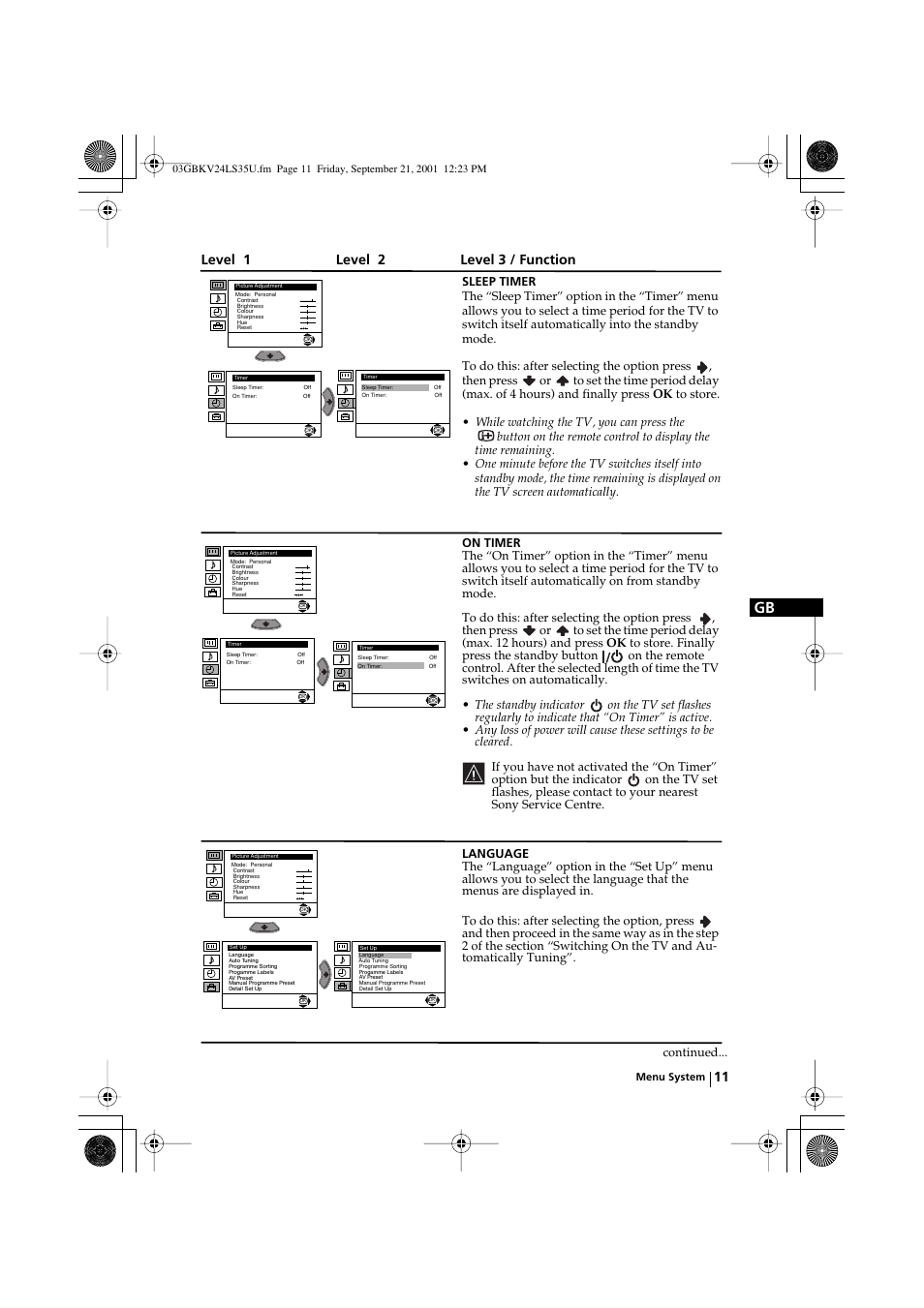 Level 1 level 2 level 3 / function | Sony FD Trinitron KV-24LS35U User Manual | Page 11 / 24