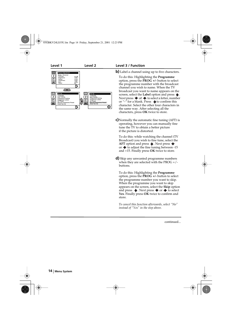 Level 1 level 2 level 3 / function | Sony FD Trinitron KV-24LS35U User Manual | Page 14 / 24