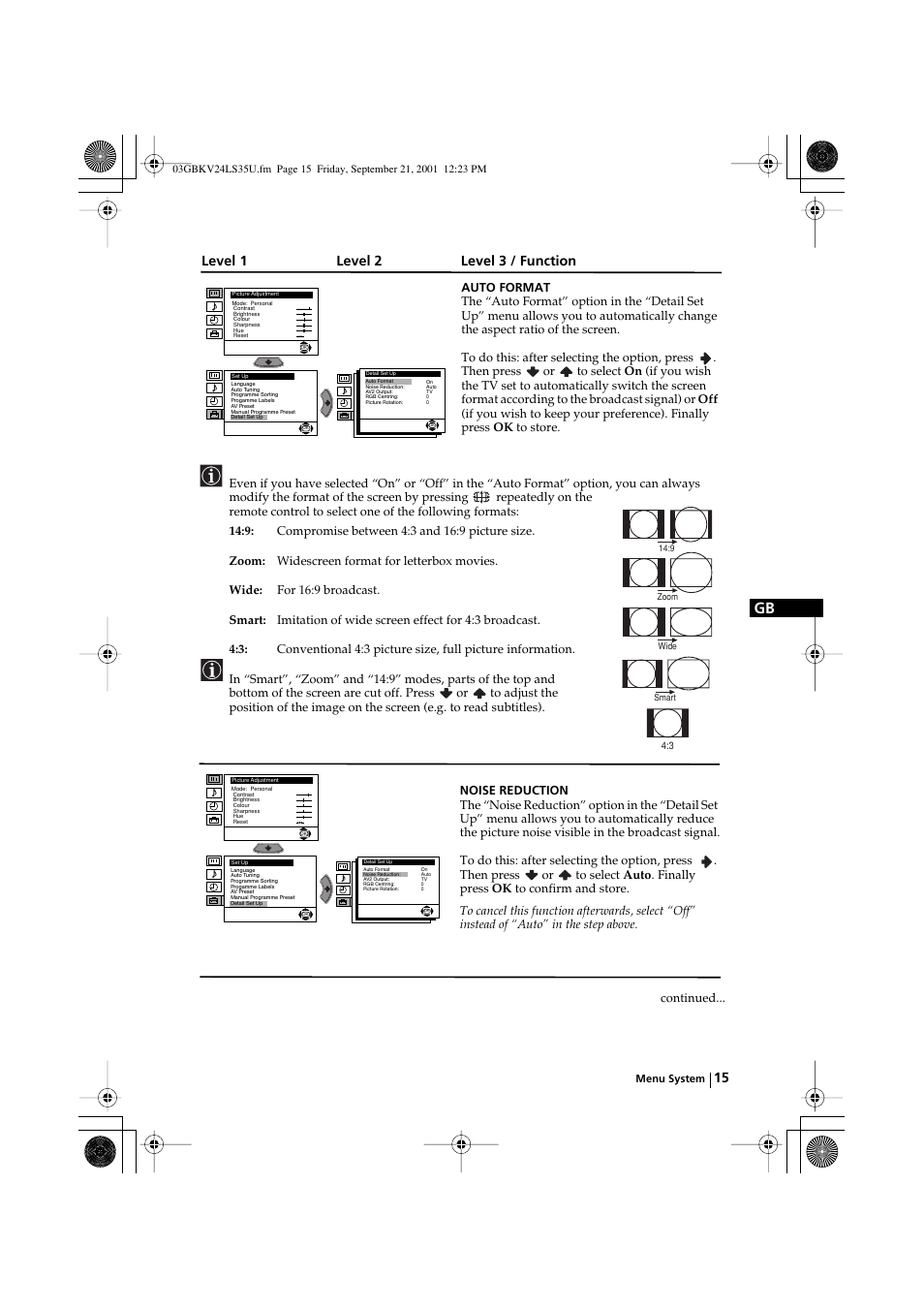 Level 1 level 2 level 3 / function | Sony FD Trinitron KV-24LS35U User Manual | Page 15 / 24
