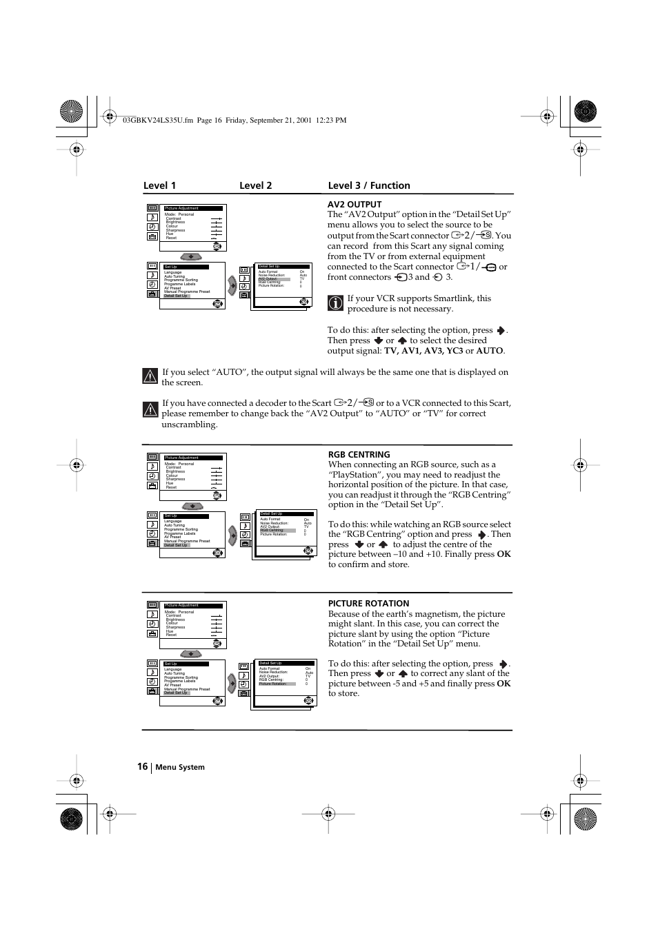 Level 1 level 2 level 3 / function | Sony FD Trinitron KV-24LS35U User Manual | Page 16 / 24
