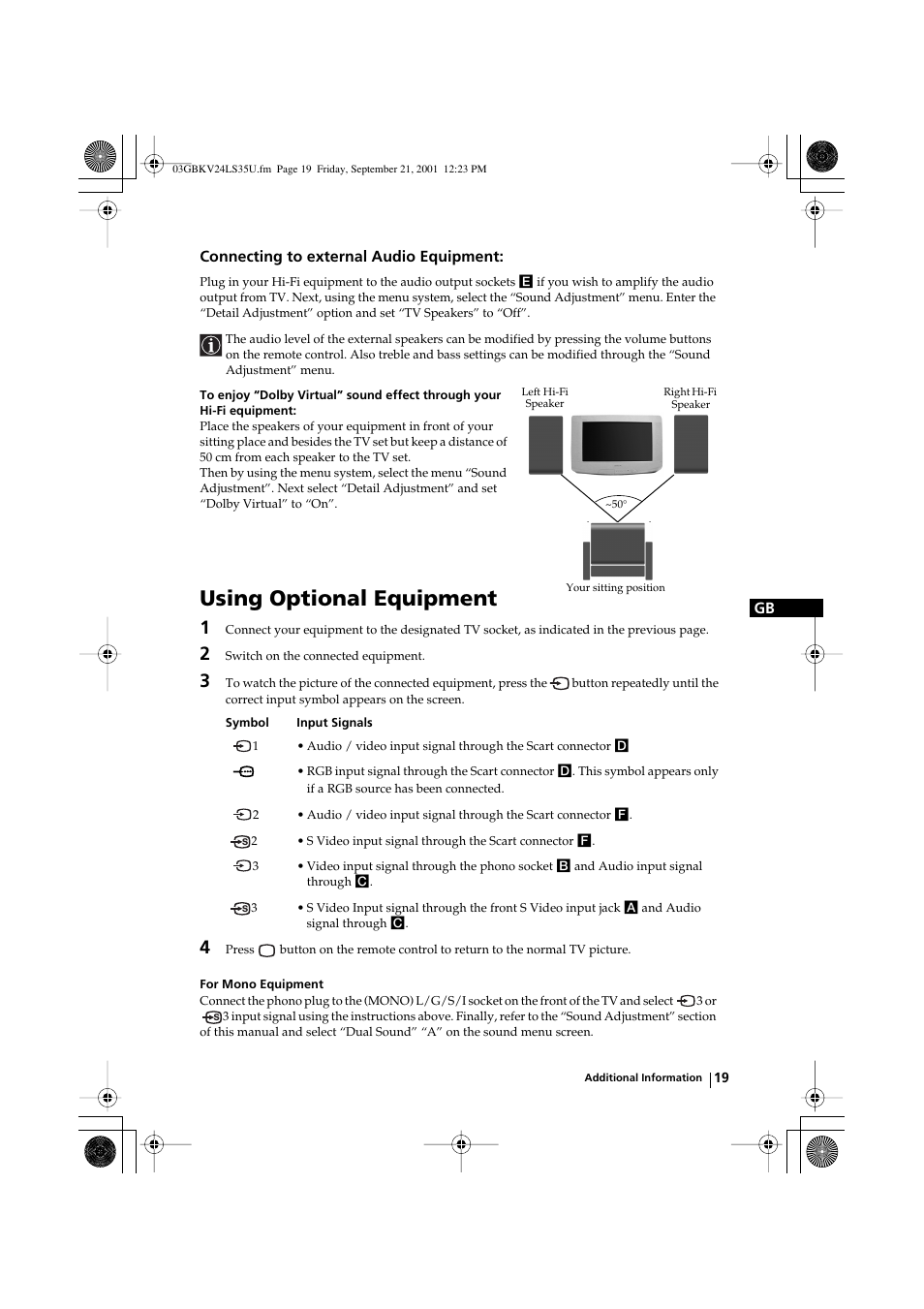 Using optional equipment, Gb connecting to external audio equipment | Sony FD Trinitron KV-24LS35U User Manual | Page 19 / 24