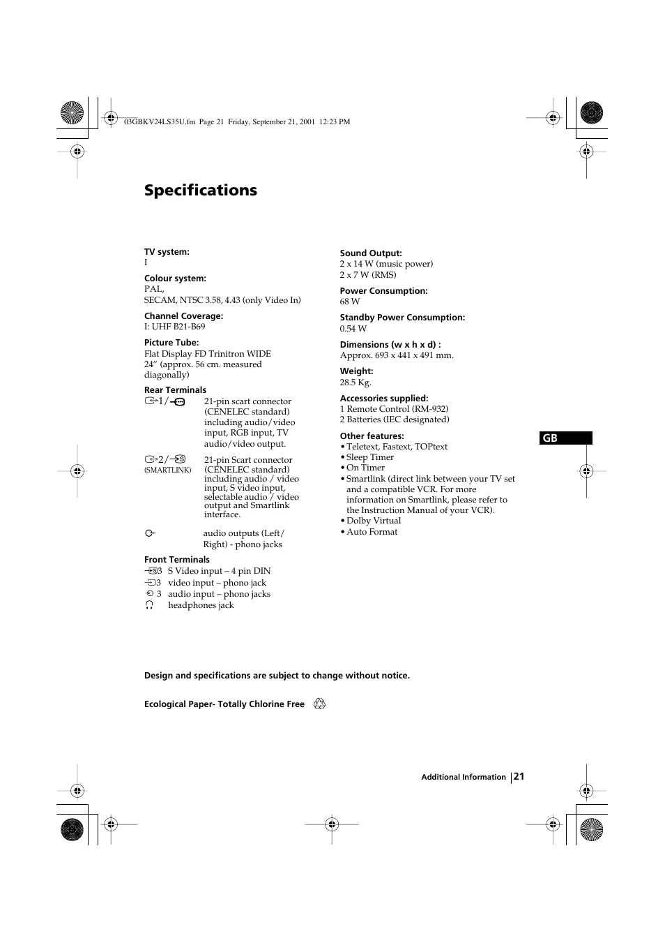 Specifications | Sony FD Trinitron KV-24LS35U User Manual | Page 21 / 24