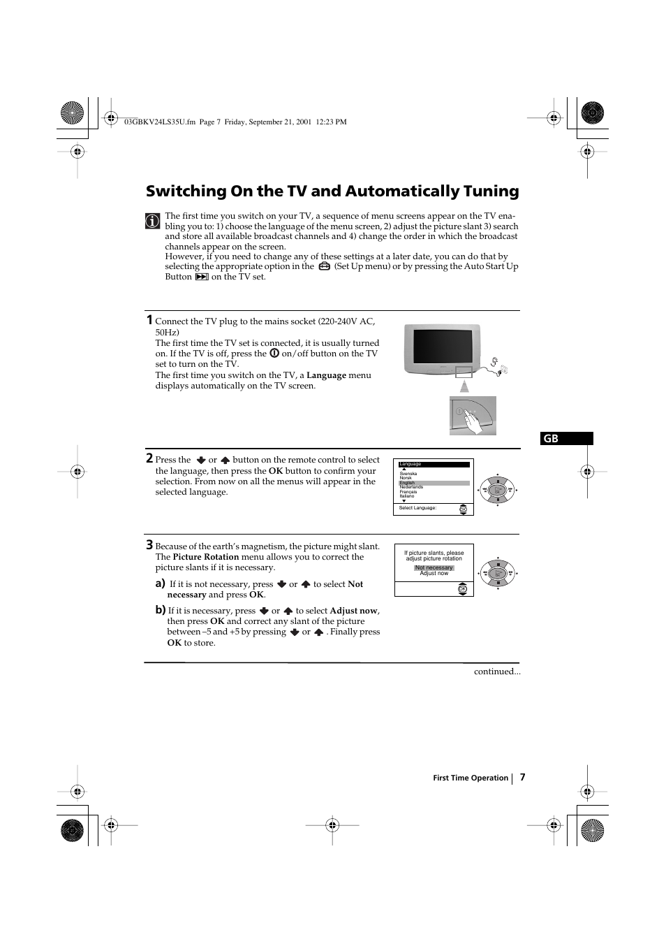 Switching on the tv and automatically tuning | Sony FD Trinitron KV-24LS35U User Manual | Page 7 / 24