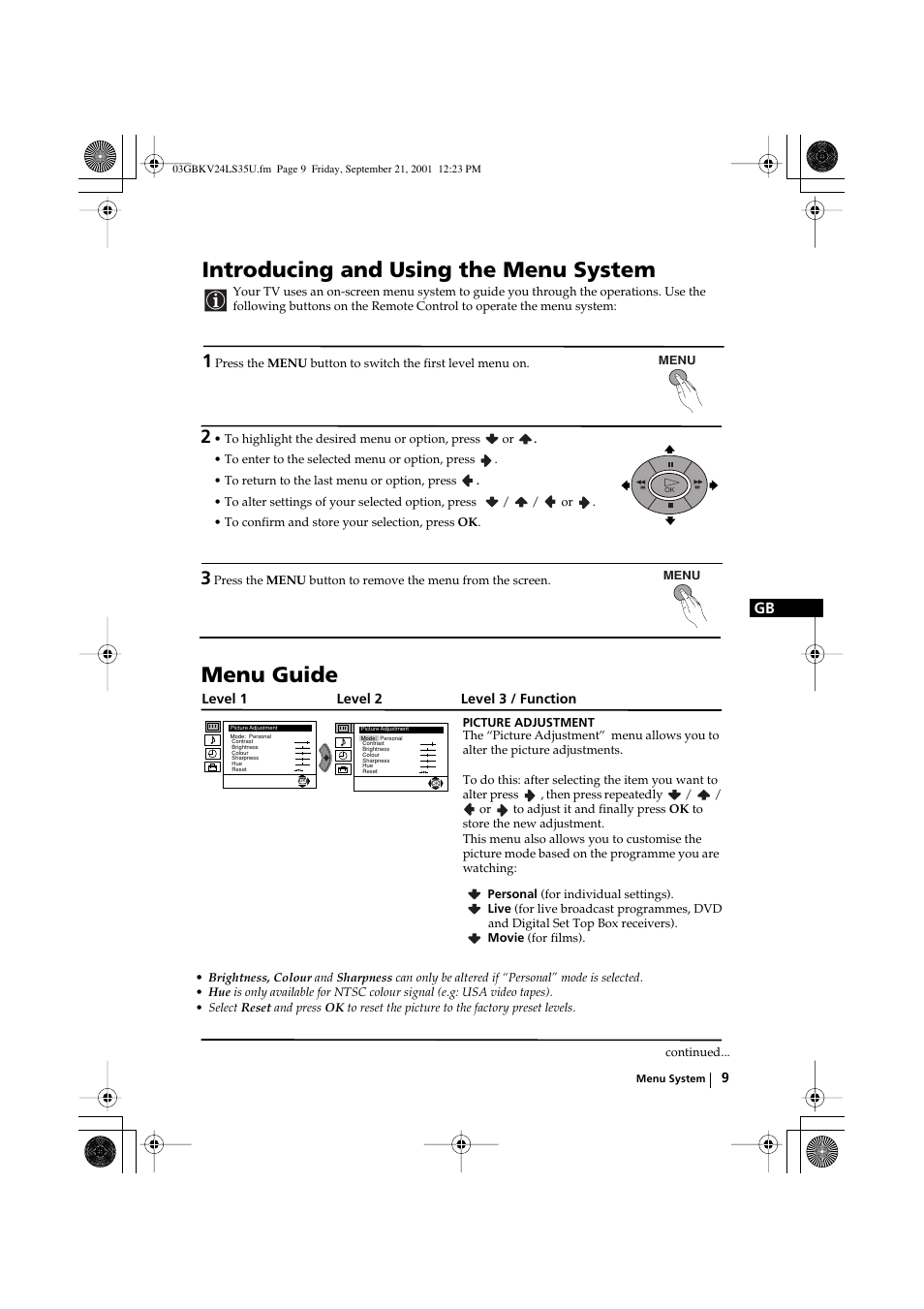 Introducing and using the menu system, Menu guide | Sony FD Trinitron KV-24LS35U User Manual | Page 9 / 24