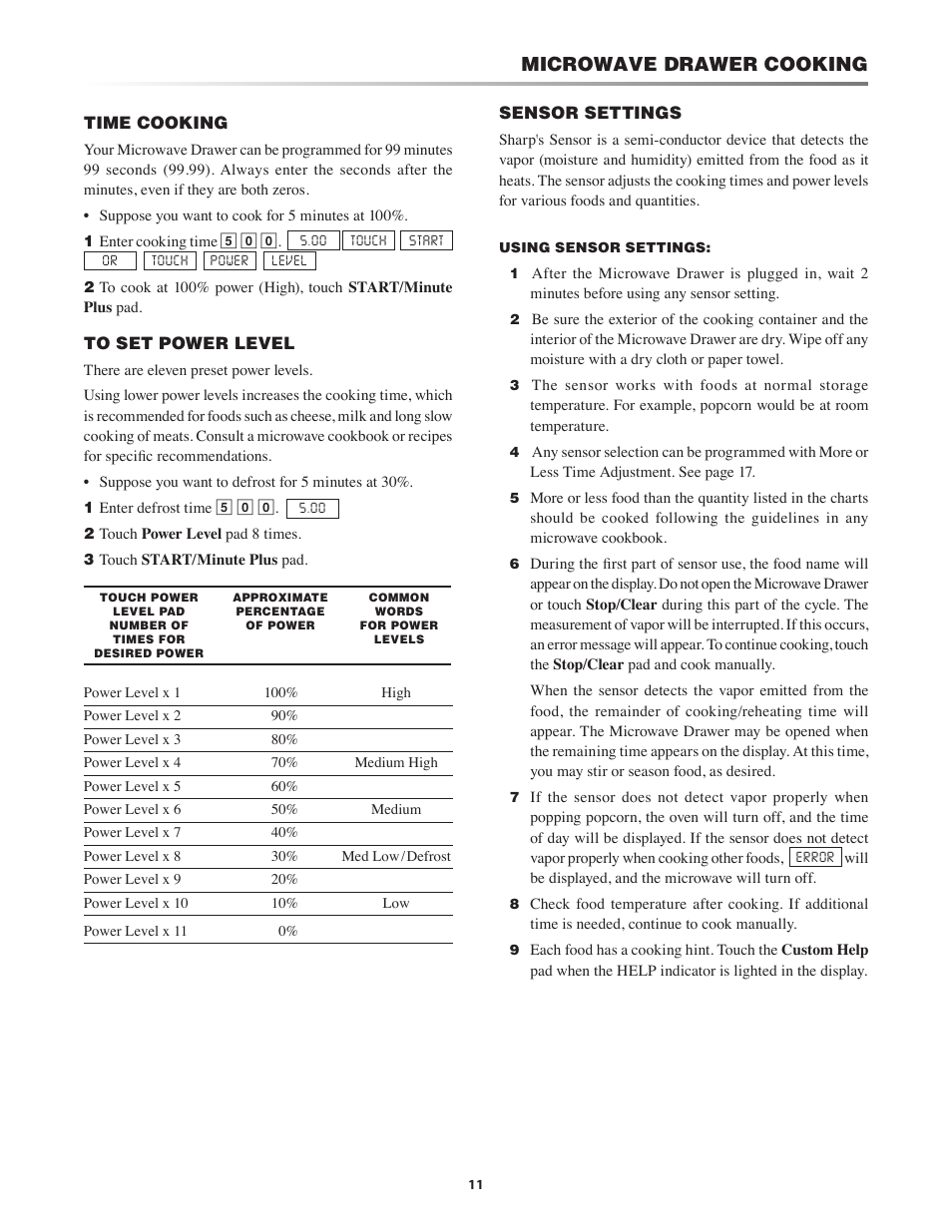 Microwave drawer cooking | Sony KB-6525P User Manual | Page 11 / 24