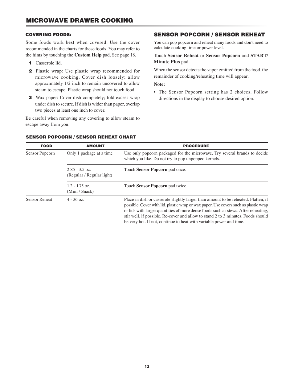 Microwave drawer cooking | Sony KB-6525P User Manual | Page 12 / 24
