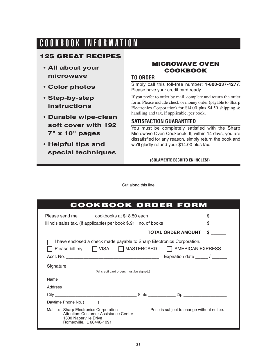 Cookbook order form, 125 great recipes | Sony KB-6525P User Manual | Page 21 / 24