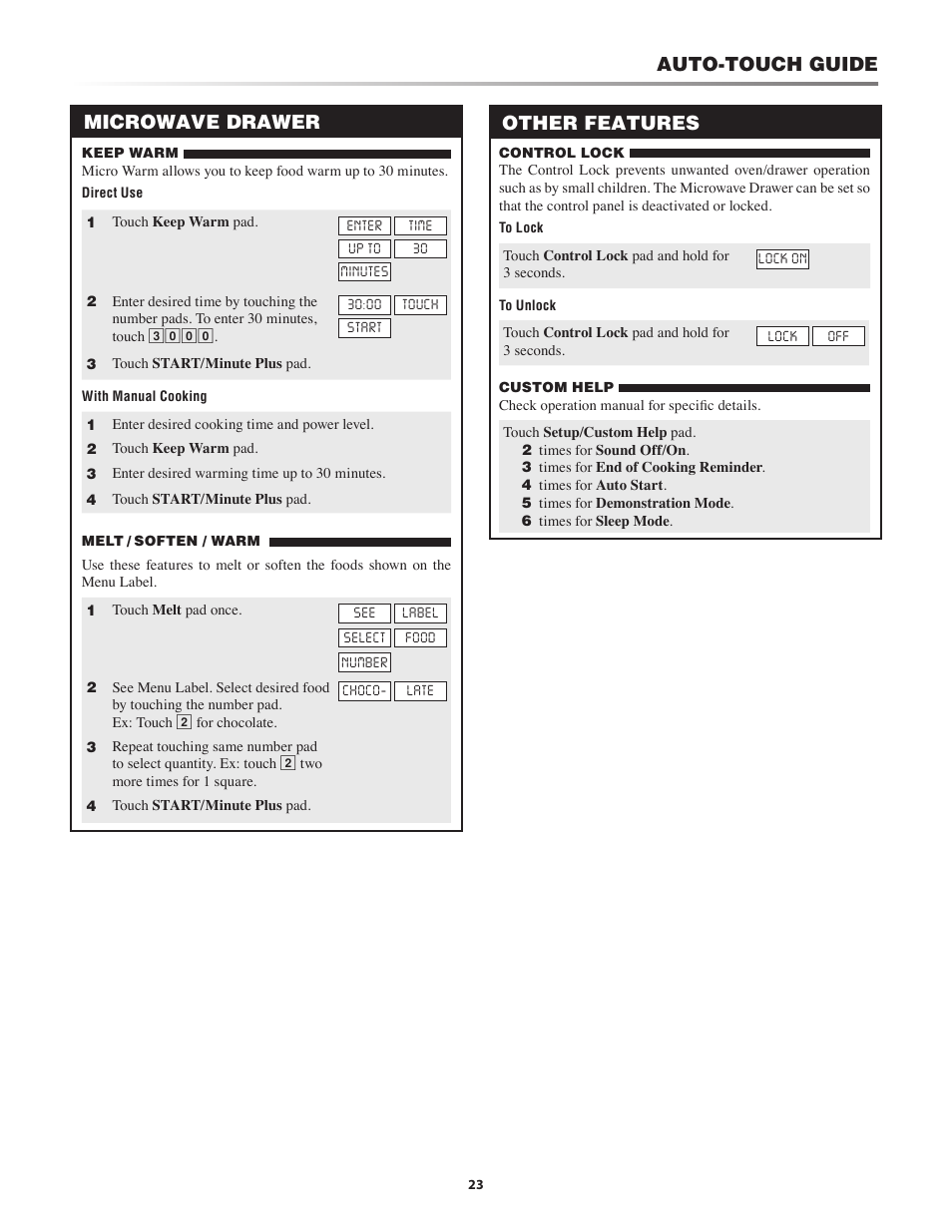 Microwave drawer auto-touch guide, Other features | Sony KB-6525P User Manual | Page 23 / 24