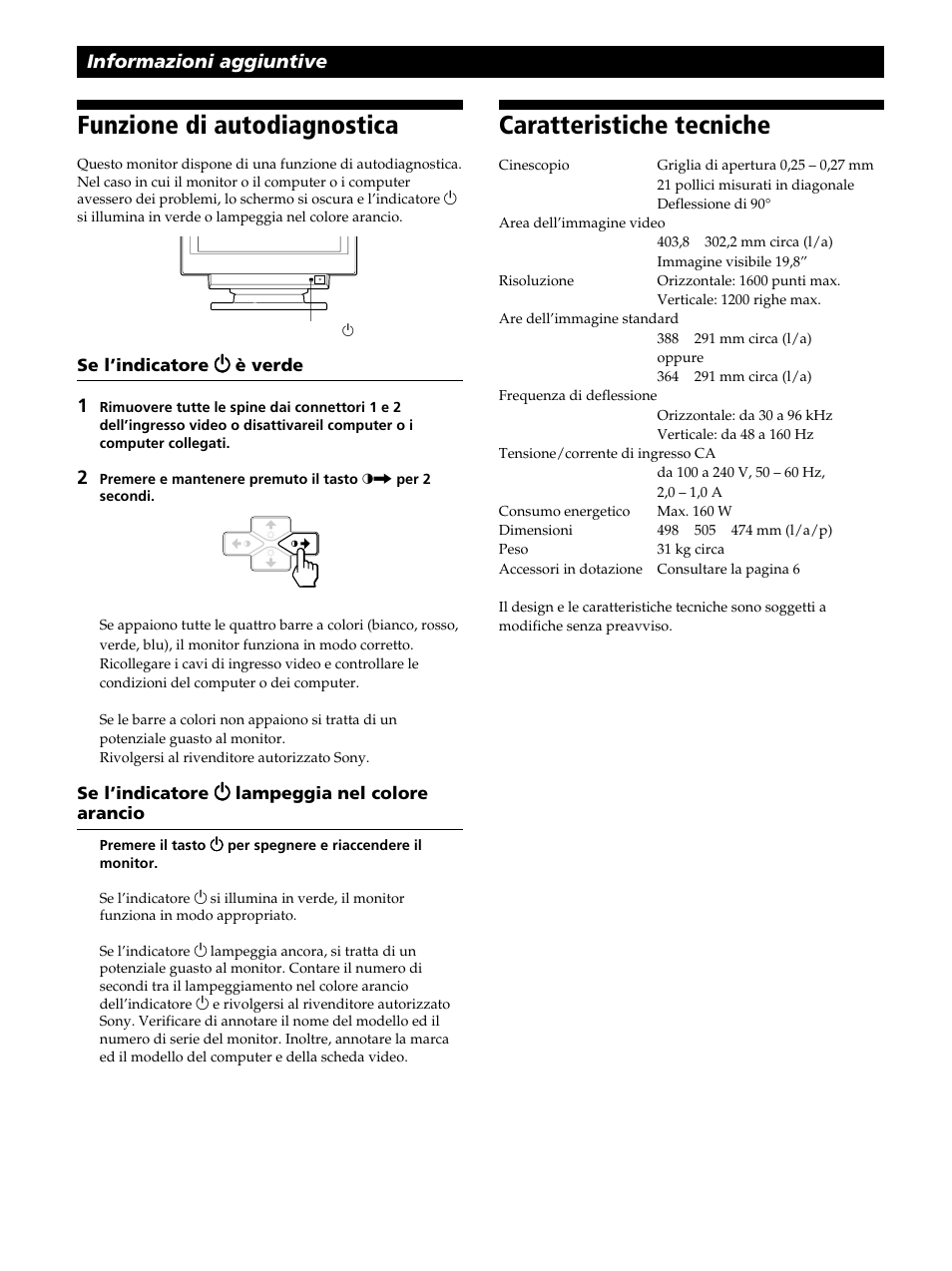 Funzione di autodiagnostica, Caratteristiche tecniche, Informazioni aggiuntive | Sony CPD-520GST User Manual | Page 102 / 108