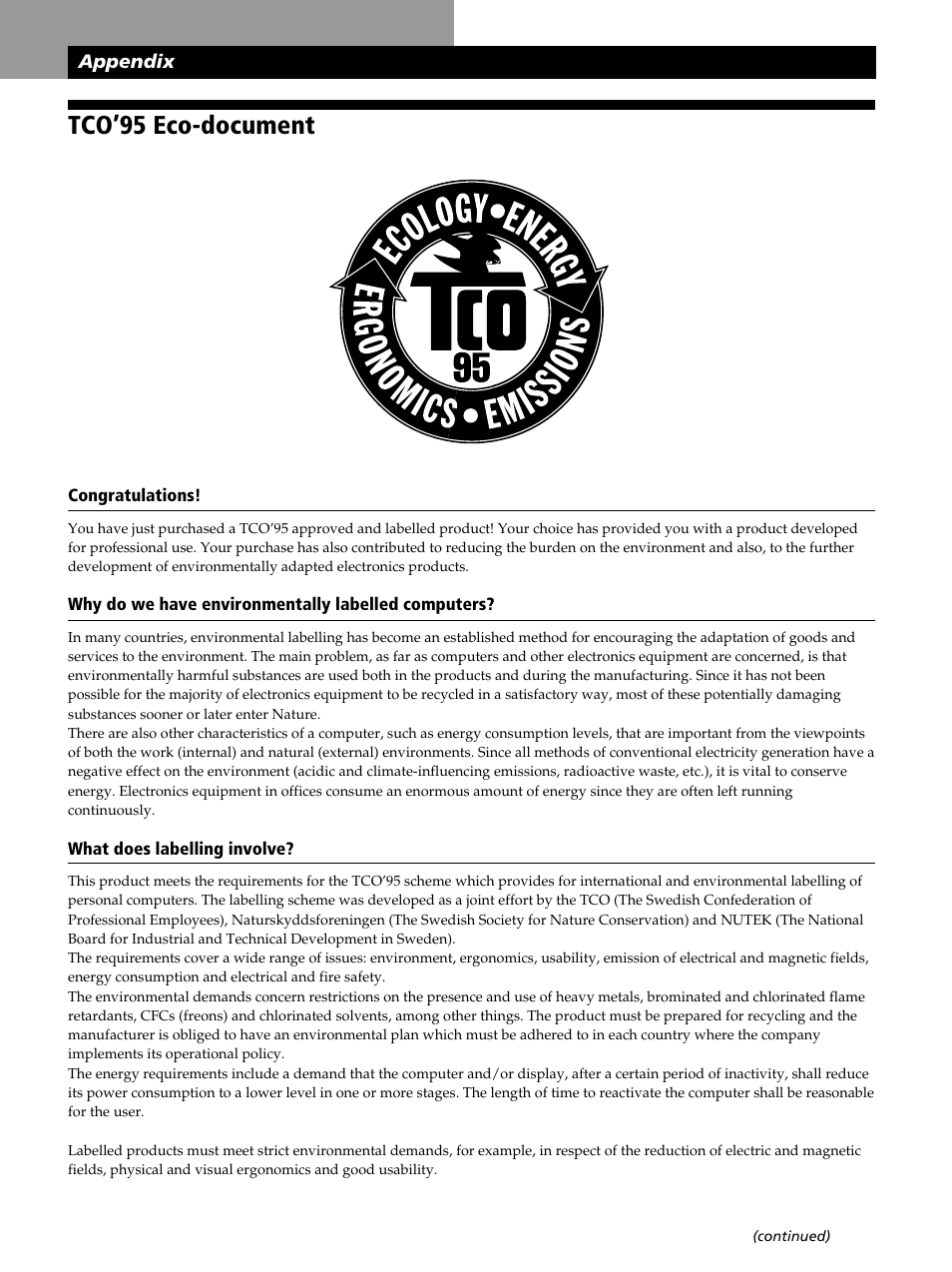 Tco’95 eco-document | Sony CPD-520GST User Manual | Page 103 / 108