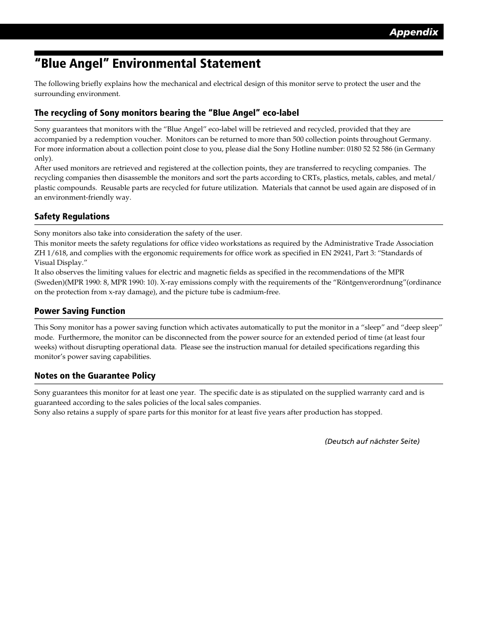 Blue angel” environmental statement | Sony CPD-520GST User Manual | Page 105 / 108