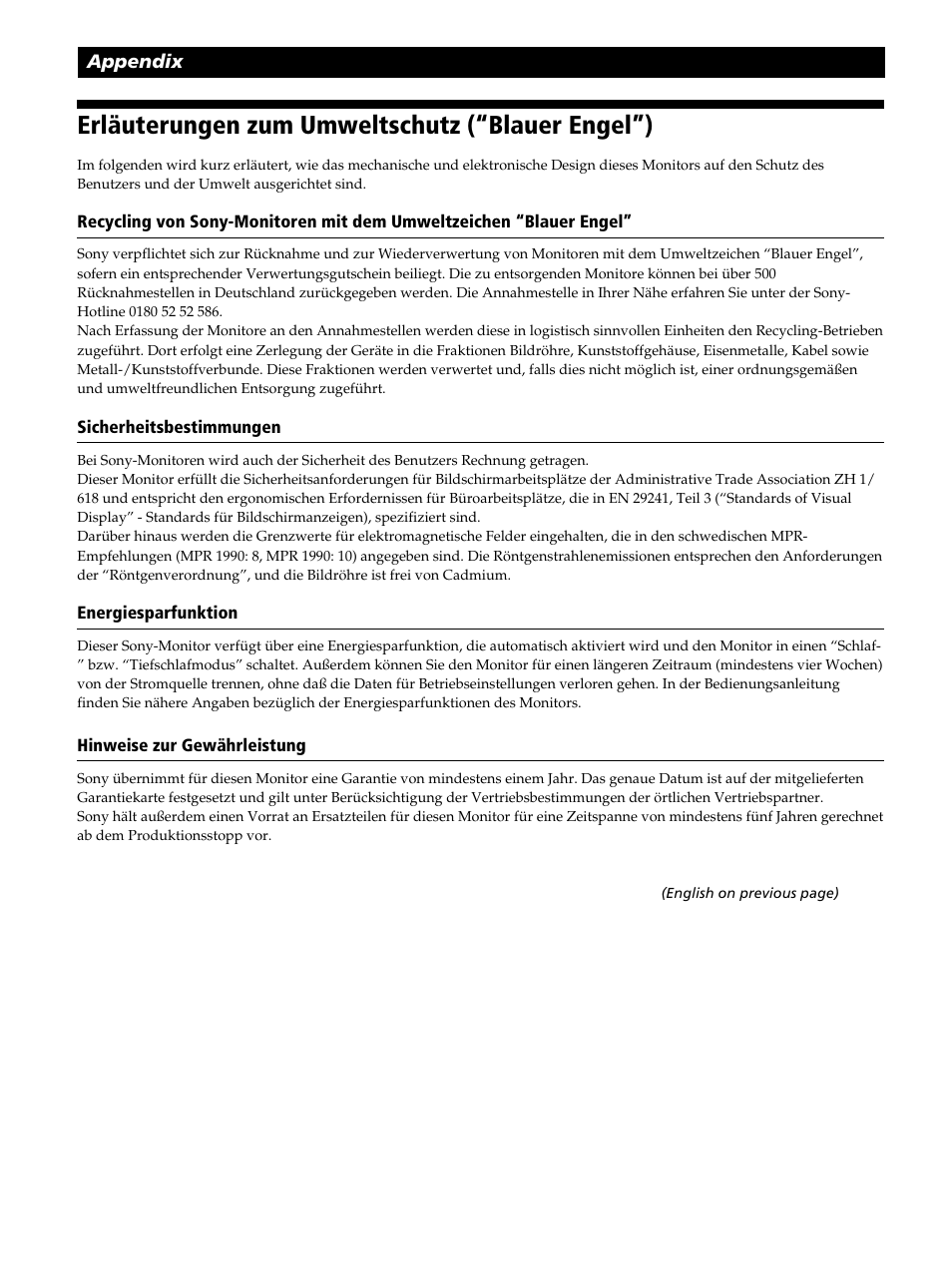 Erläuterungen zum umweltschutz (“blauer engel”) | Sony CPD-520GST User Manual | Page 106 / 108