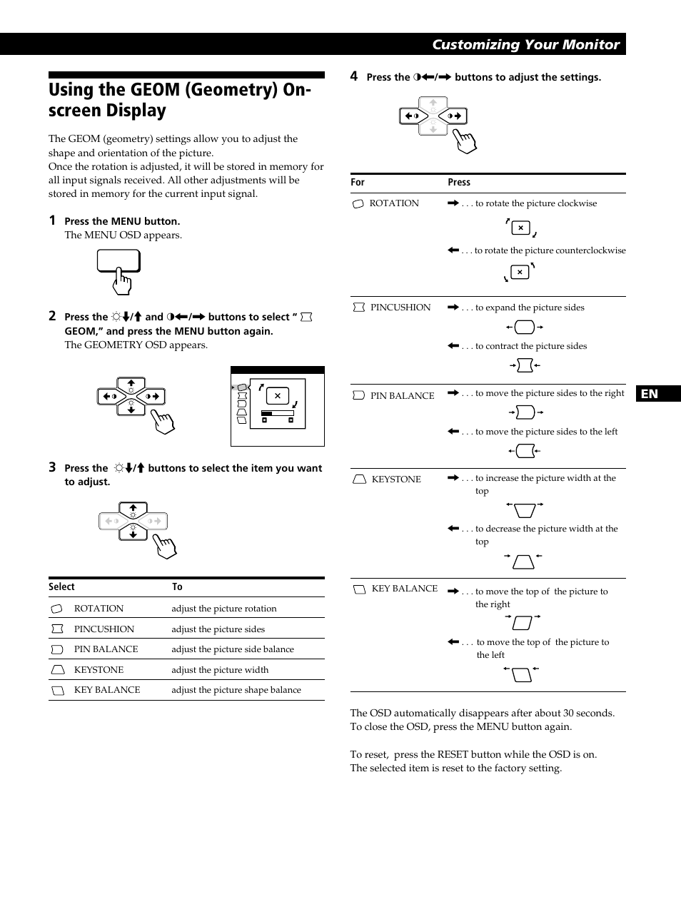 Using the geom (geometry) on- screen display, Getting started customizing your monitor | Sony CPD-520GST User Manual | Page 11 / 108