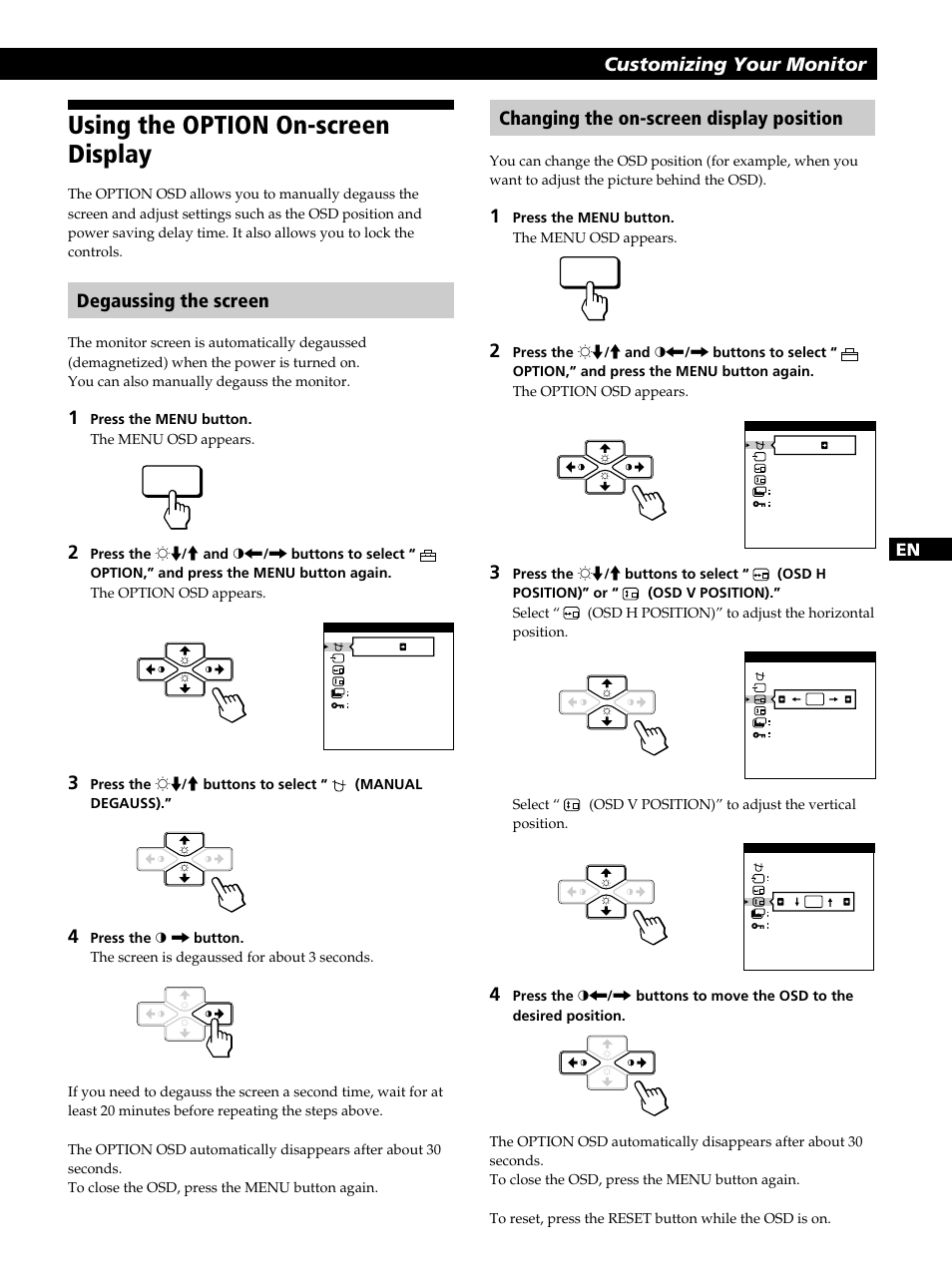 Using the option on-screen display, Getting started customizing your monitor, Degaussing the screen | Changing the on-screen display position, Fen es c | Sony CPD-520GST User Manual | Page 15 / 108