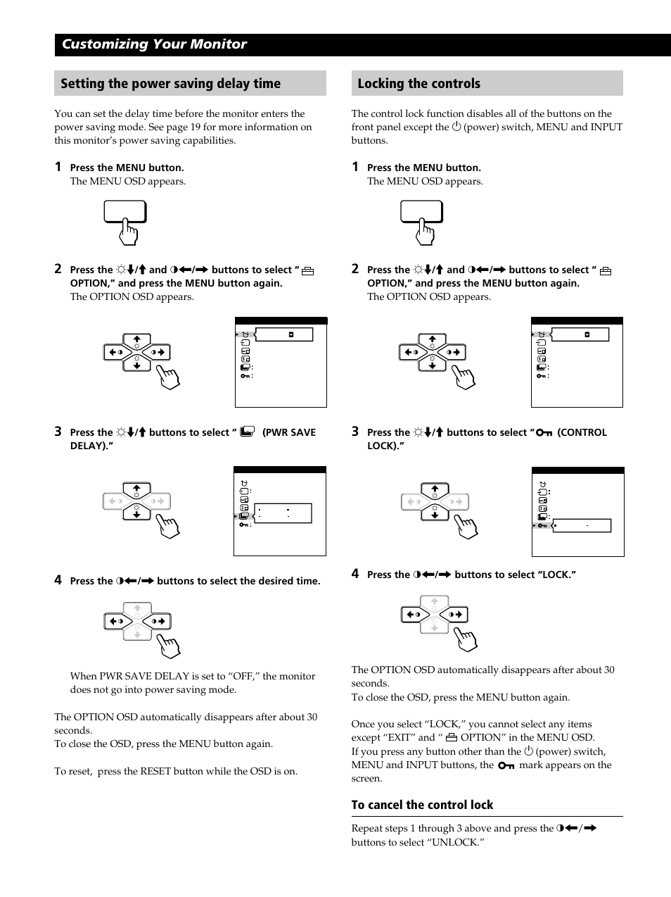 Customizing your monitor locking the controls, Setting the power saving delay time | Sony CPD-520GST User Manual | Page 16 / 108