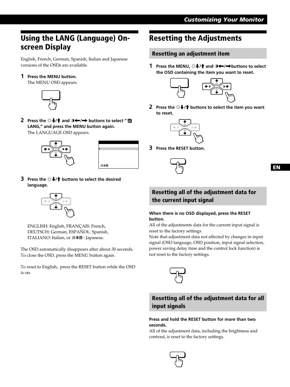 Using the lang (language) on- screen display, Resetting the adjustments | Sony CPD-520GST User Manual | Page 17 / 108