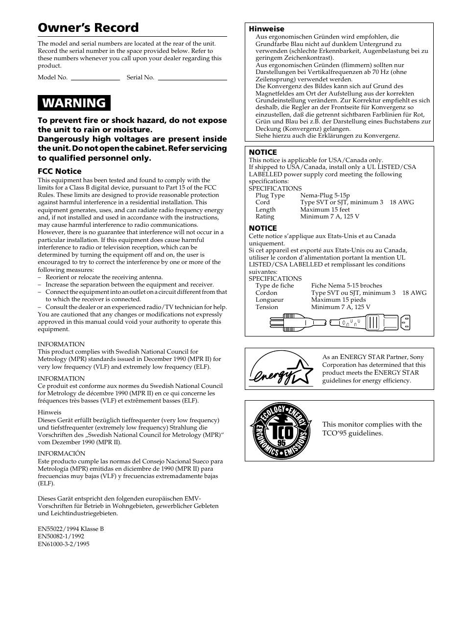 Owner’s record, Warning | Sony CPD-520GST User Manual | Page 2 / 108