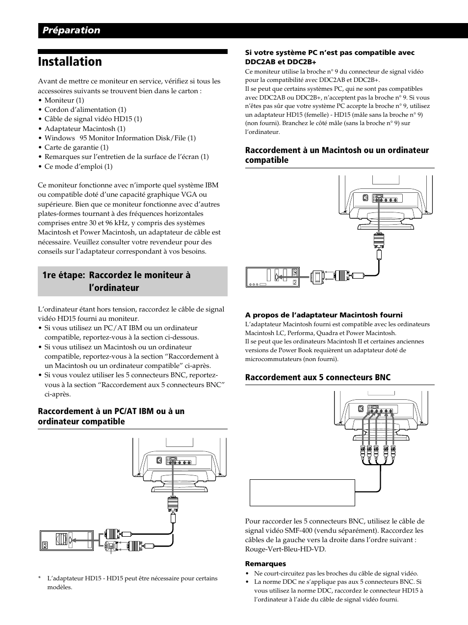 Installation, Préparation, 1re étape: raccordez le moniteur à l’ordinateur | Sony CPD-520GST User Manual | Page 26 / 108