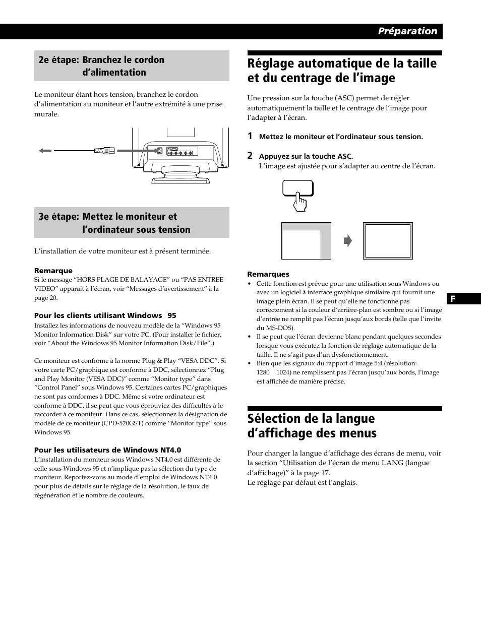 Sélection de la langue d’affichage des menus, Préparation, 2e étape: branchez le cordon d’alimentation | Sony CPD-520GST User Manual | Page 27 / 108