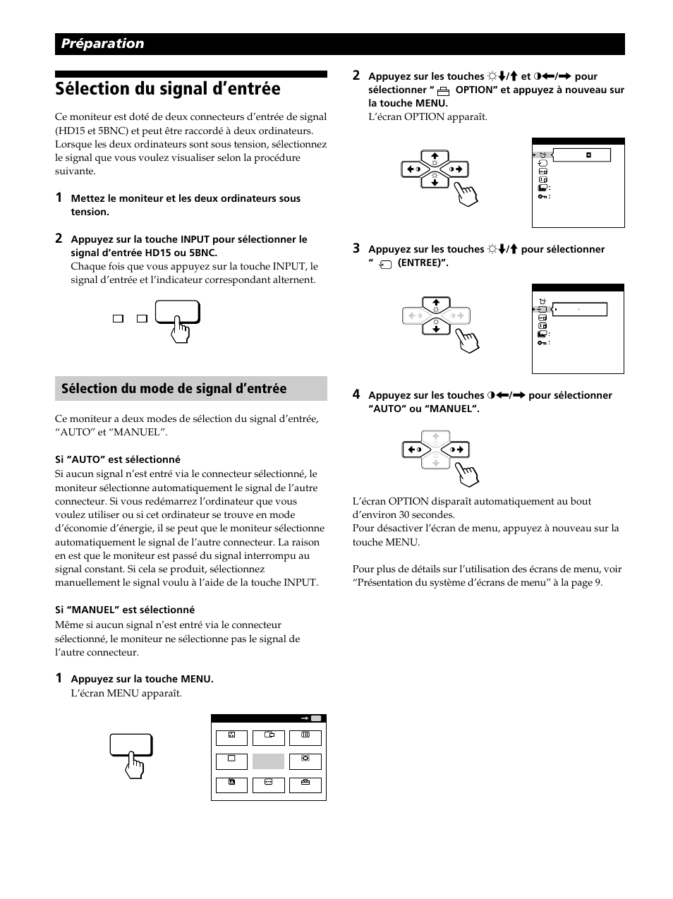 Sélection du signal d’entrée, Préparation, Sélection du mode de signal d’entrée | Sony CPD-520GST User Manual | Page 28 / 108