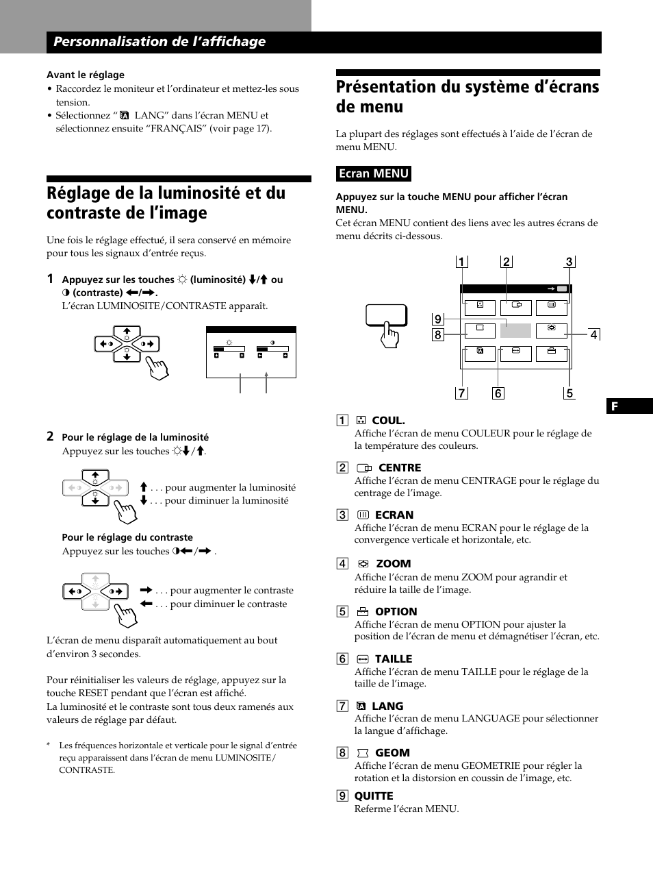 Présentation du système d’écrans de menu, Personnalisation de l’affichage | Sony CPD-520GST User Manual | Page 29 / 108