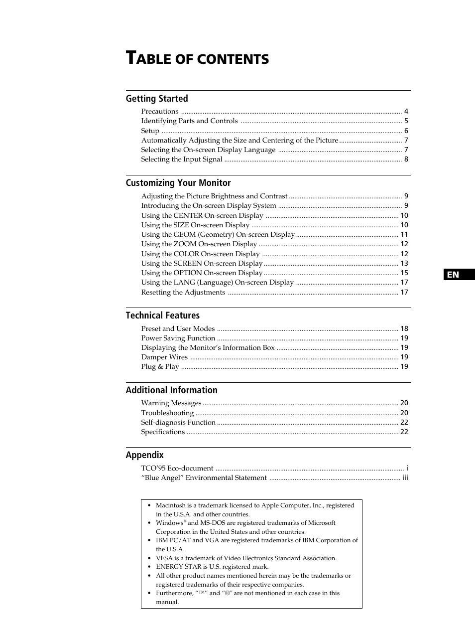 Able of contents | Sony CPD-520GST User Manual | Page 3 / 108