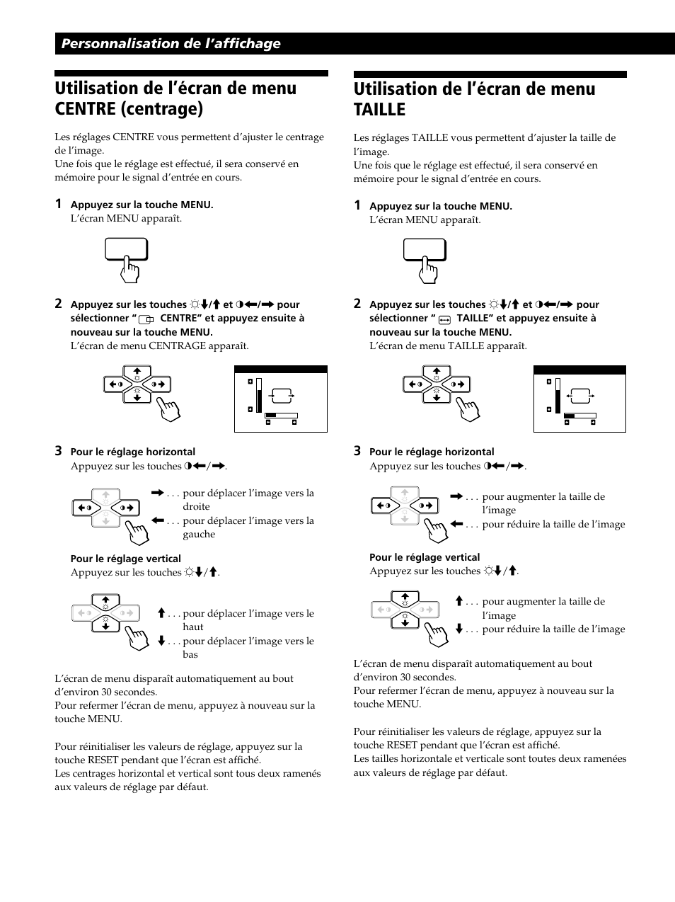 Utilisation de l’écran de menu taille, Utilisation de l’écran de menu centre (centrage), Personnalisation de l’affichage | Sony CPD-520GST User Manual | Page 30 / 108