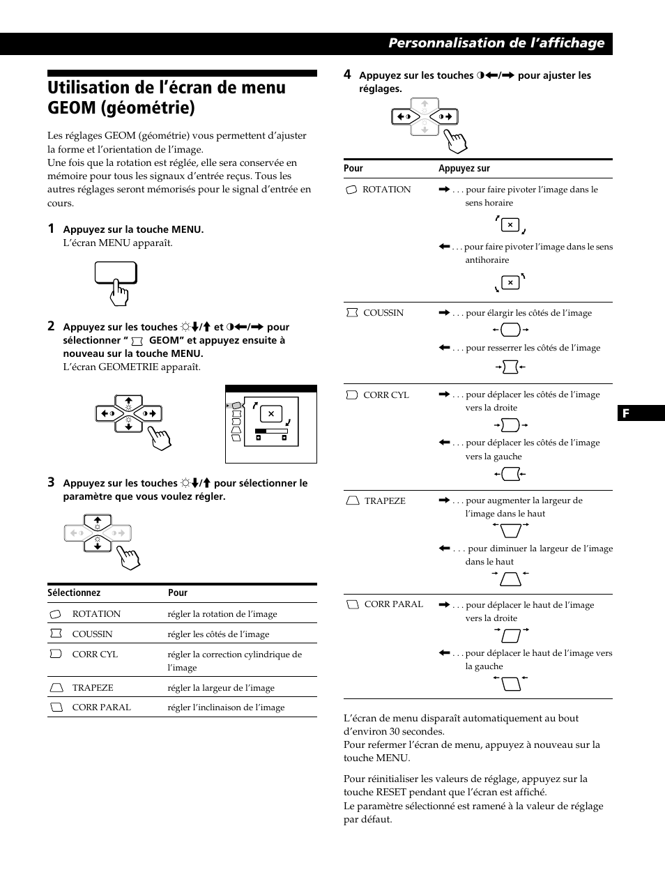 Utilisation de l’écran de menu geom (géométrie), Personnalisation de l’affichage 4 | Sony CPD-520GST User Manual | Page 31 / 108