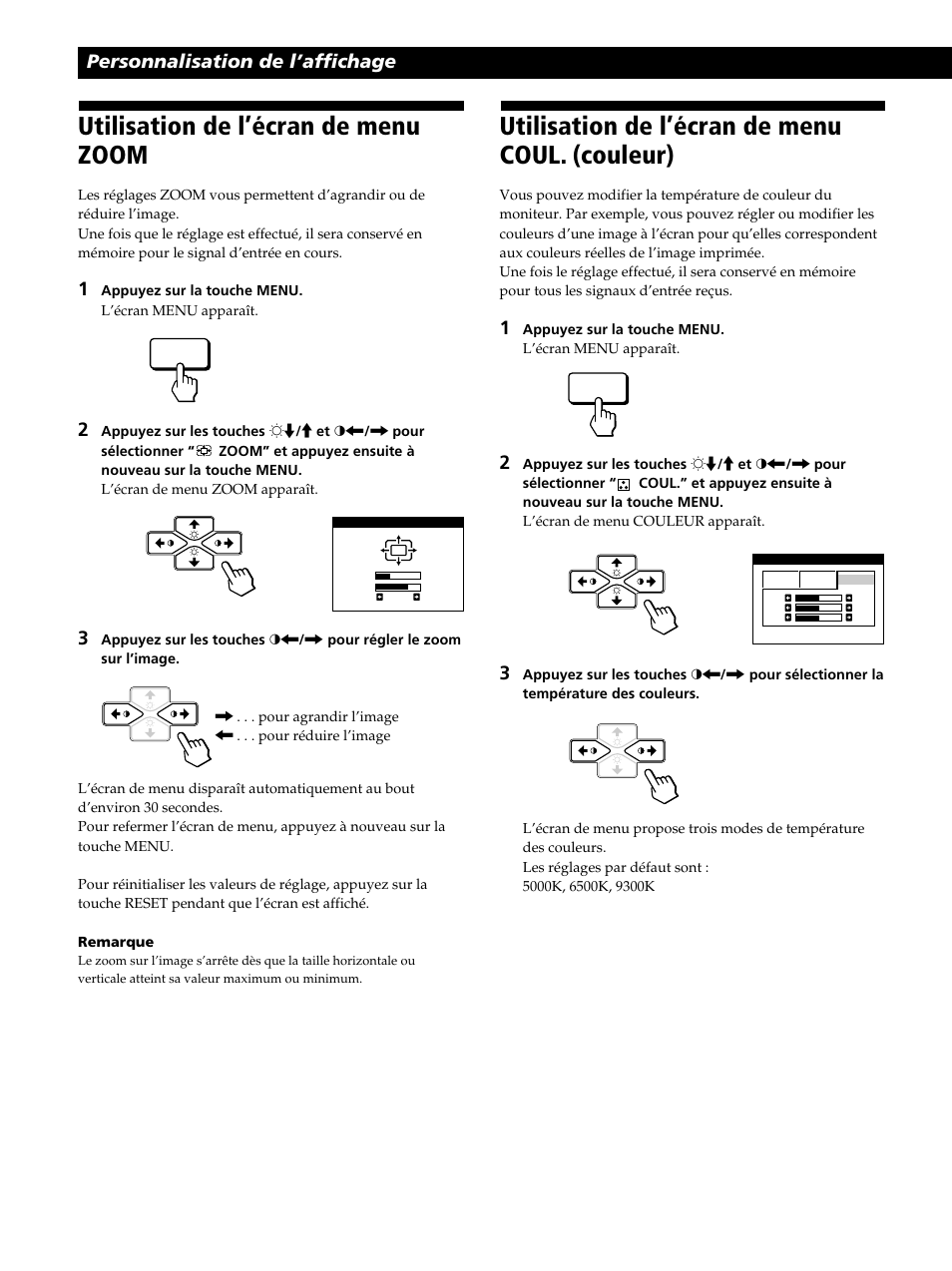 Utilisation de l’écran de menu coul. (couleur), Utilisation de l’écran de menu zoom, Personnalisation de l’affichage | Sony CPD-520GST User Manual | Page 32 / 108