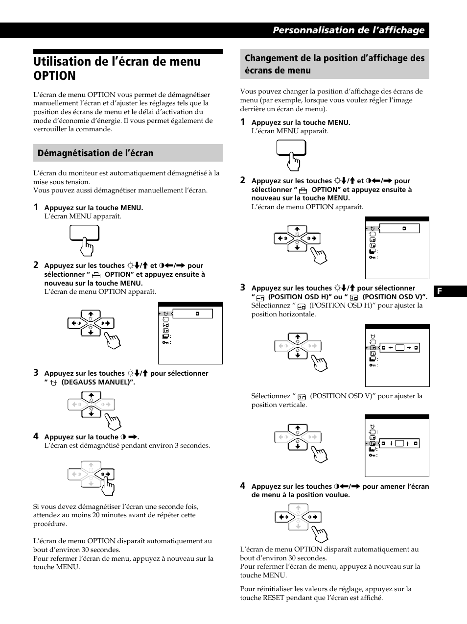 Utilisation de l’écran de menu option, Personnalisation de l’affichage, Démagnétisation de l’écran | En f d es i j | Sony CPD-520GST User Manual | Page 35 / 108