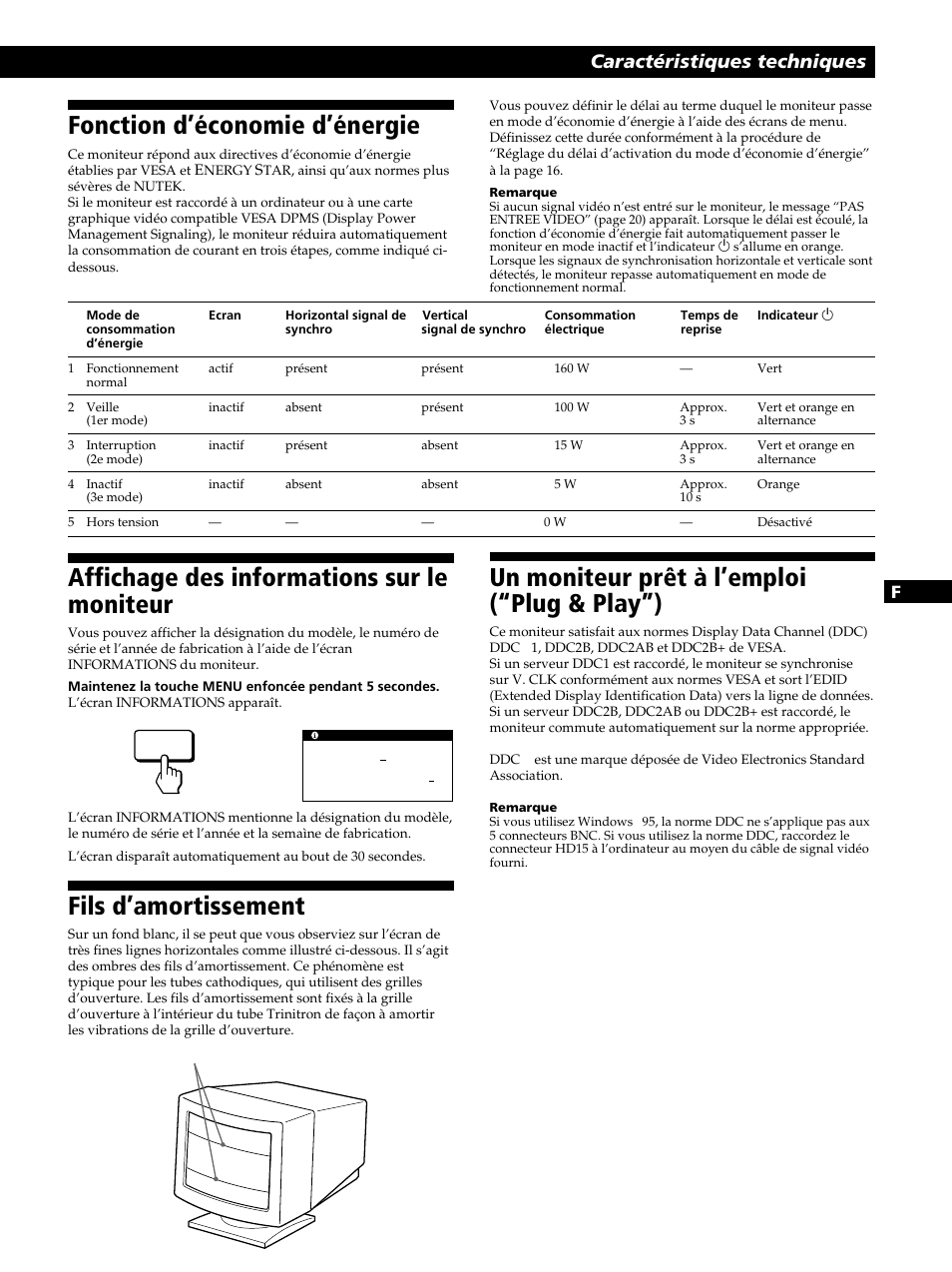 Fonction d’économie d’énergie, Un moniteur prêt à l’emploi (“plug & play”), Fils d’amortissement | Affichage des informations sur le moniteur, Caractéristiques techniques | Sony CPD-520GST User Manual | Page 39 / 108