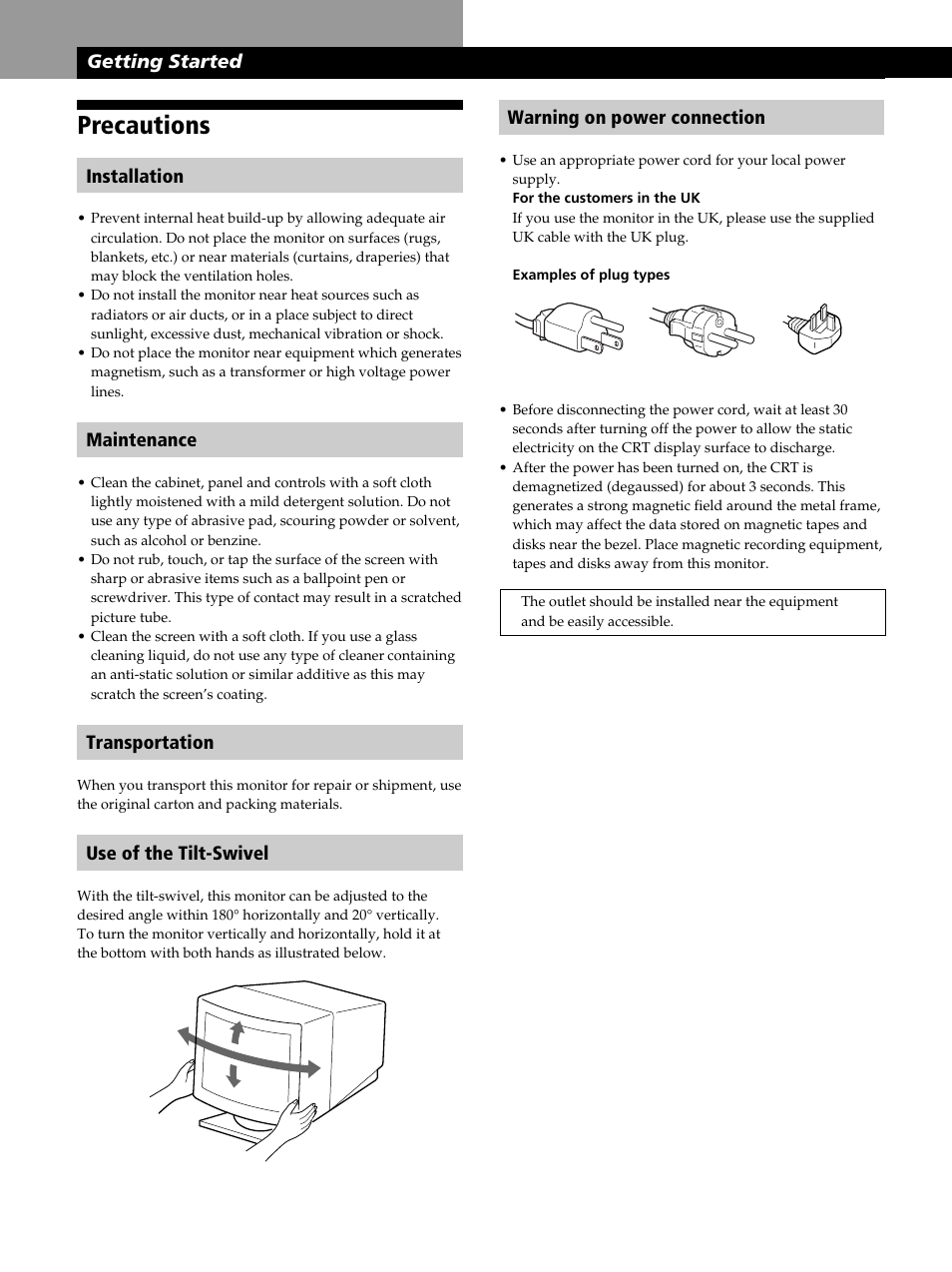 Precautions, Getting started warning on power connection, Installation | Maintenance, Transportation, Use of the tilt-swivel, Getting started | Sony CPD-520GST User Manual | Page 4 / 108