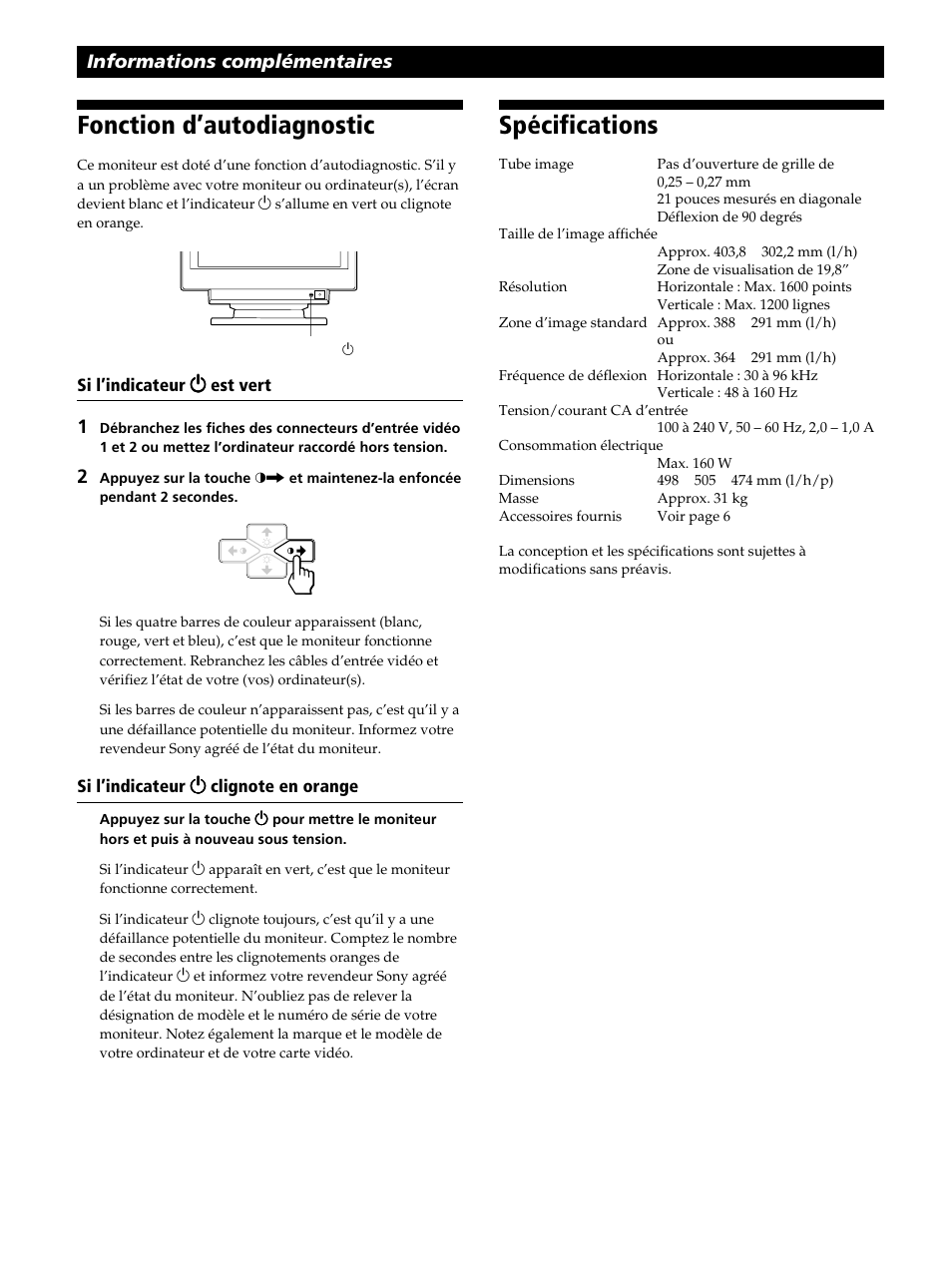 Fonction d’autodiagnostic, Spécifications, Informations complémentaires | Sony CPD-520GST User Manual | Page 42 / 108