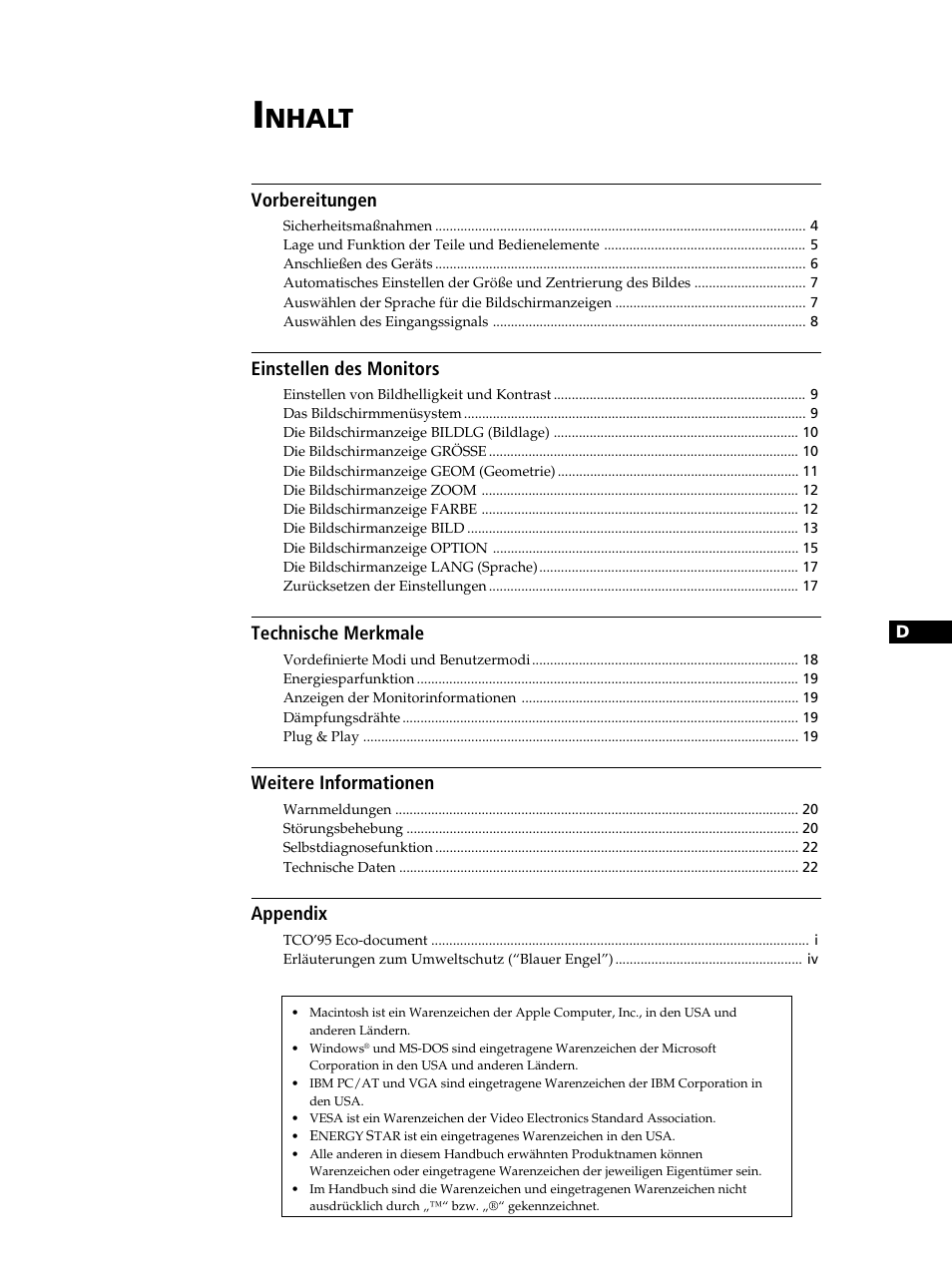 Nhalt, Vorbereitungen, Einstellen des monitors | Technische merkmale, Weitere informationen, Appendix | Sony CPD-520GST User Manual | Page 43 / 108