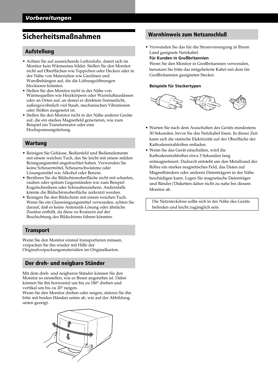 Sicherheitsmaßnahmen, Vorbereitungen, Aufstellung | Wartung, Transport, Der dreh- und neigbare ständer, Warnhinweis zum netzanschluß | Sony CPD-520GST User Manual | Page 44 / 108