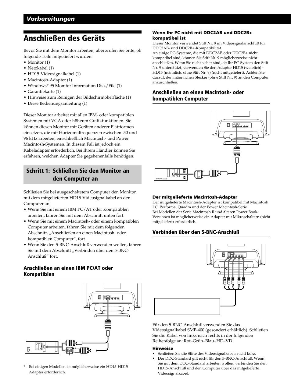 Anschließen des geräts, Vorbereitungen | Sony CPD-520GST User Manual | Page 46 / 108