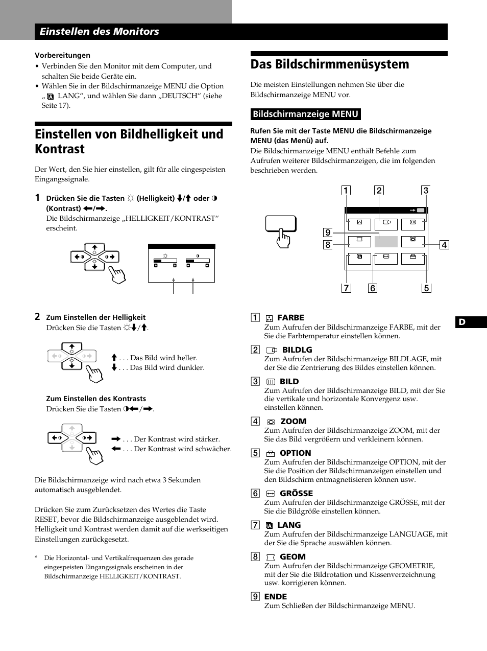 Einstellen von bildhelligkeit und kontrast, Das bildschirmmenüsystem, Einstellen des monitors | Sony CPD-520GST User Manual | Page 49 / 108