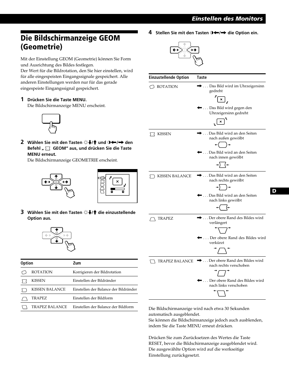 Die bildschirmanzeige geom (geometrie), Einstellen des monitors | Sony CPD-520GST User Manual | Page 51 / 108