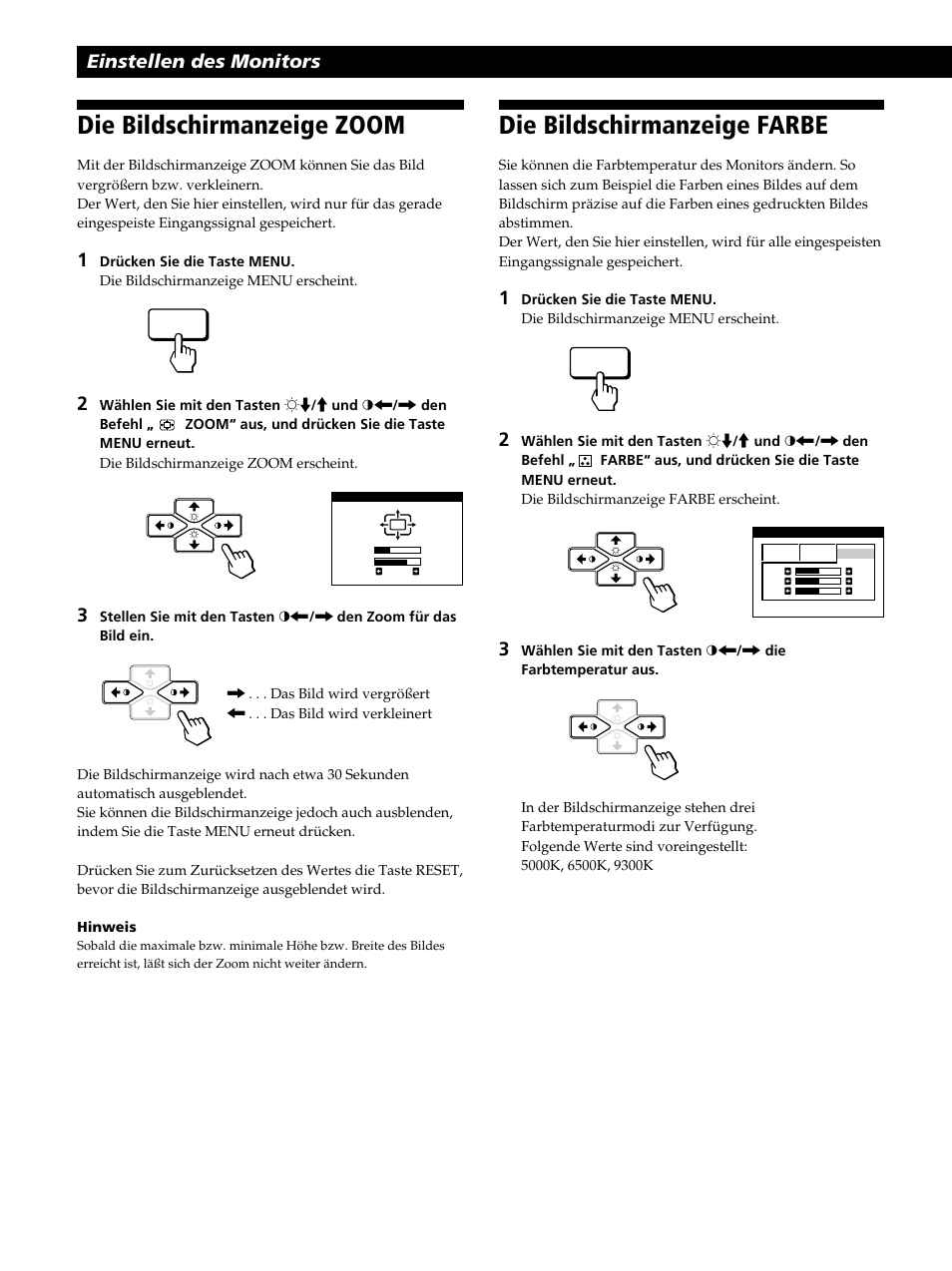 Die bildschirmanzeige farbe, Die bildschirmanzeige zoom, Einstellen des monitors | Sony CPD-520GST User Manual | Page 52 / 108