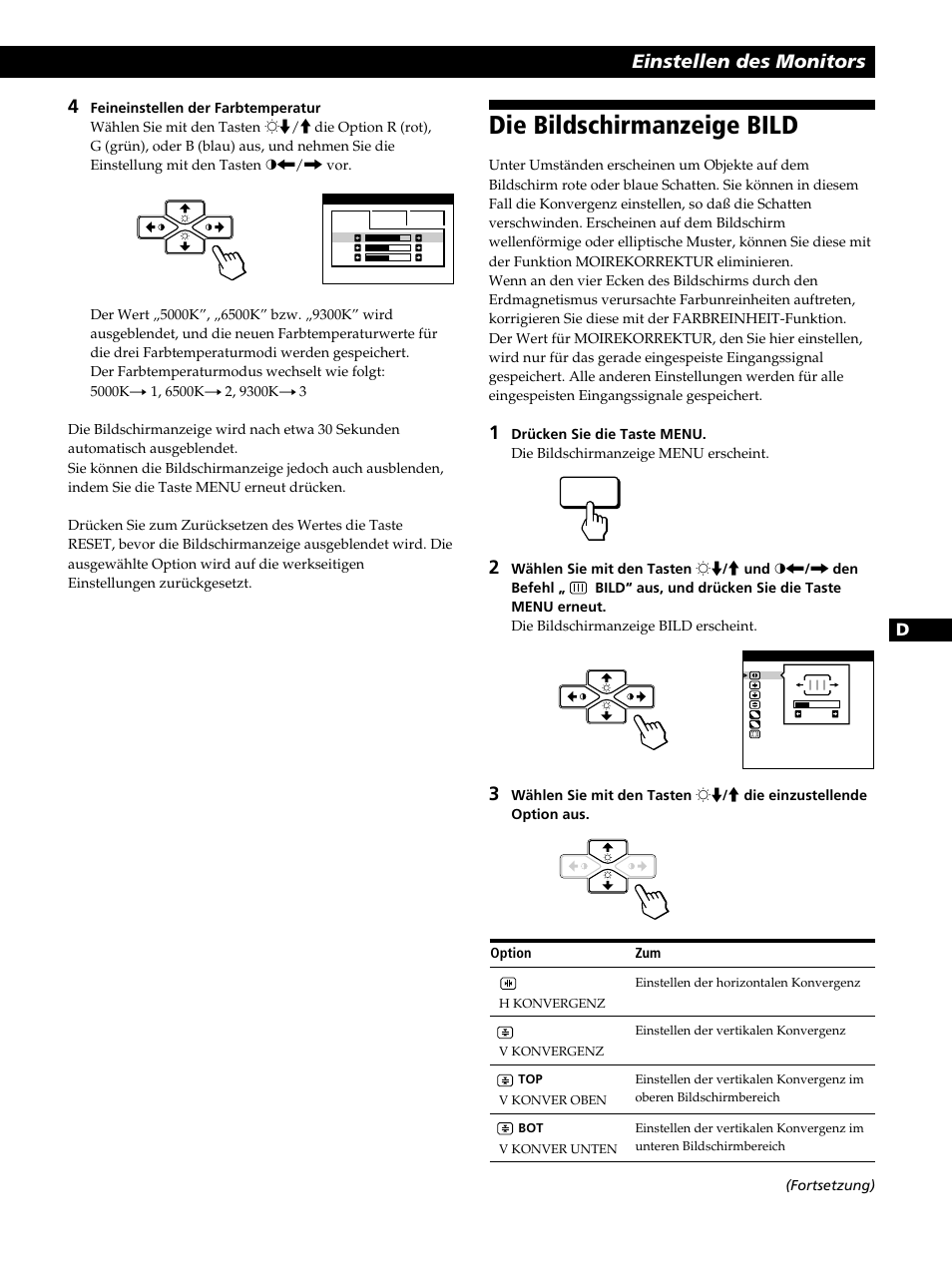 Die bildschirmanzeige bild, Einstellen des monitors | Sony CPD-520GST User Manual | Page 53 / 108