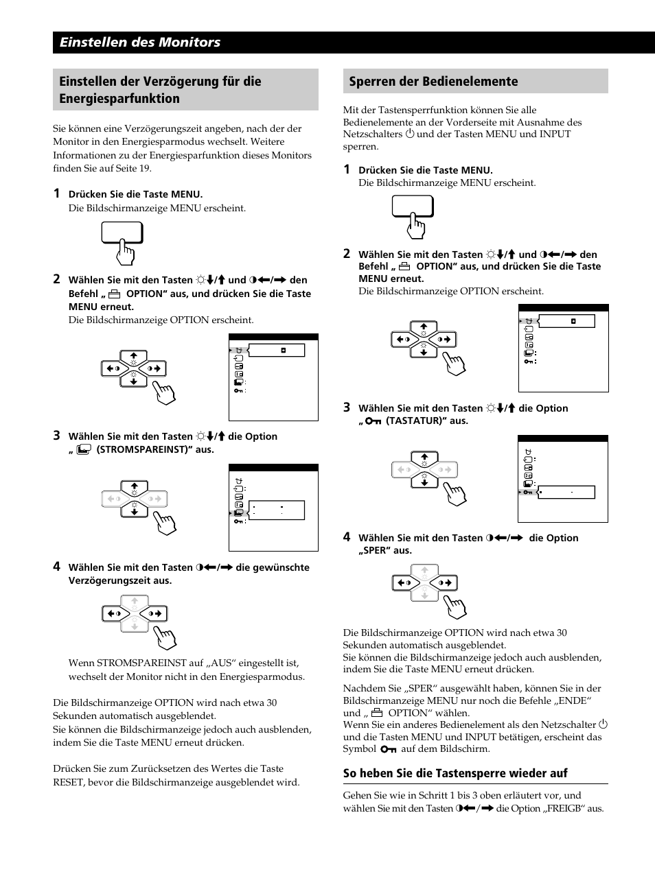 Sperren der bedienelemente, So heben sie die tastensperre wieder auf | Sony CPD-520GST User Manual | Page 56 / 108
