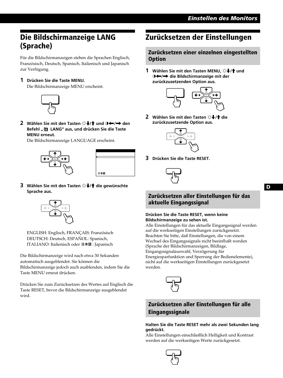 Zurücksetzen der einstellungen, Die bildschirmanzeige lang (sprache) | Sony CPD-520GST User Manual | Page 57 / 108