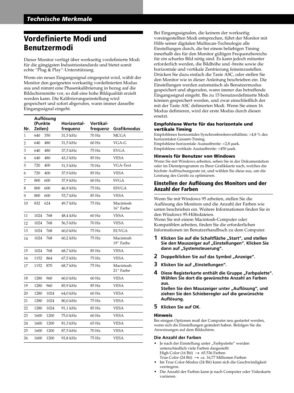 Vordefinierte modi und benutzermodi, Technische merkmale | Sony CPD-520GST User Manual | Page 58 / 108